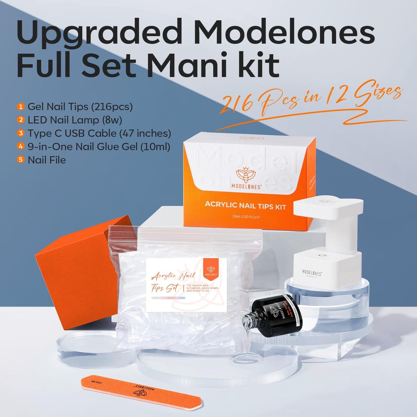 modelones X Nail Gel Kit Medium Almond, 9-in-One Nail Glue with Mini UV Light 216Pcs 12Sizes Pre-Etched Press ons Fake Acrylic Extension Kit DIY Salon Beauty and Personal Care modelones