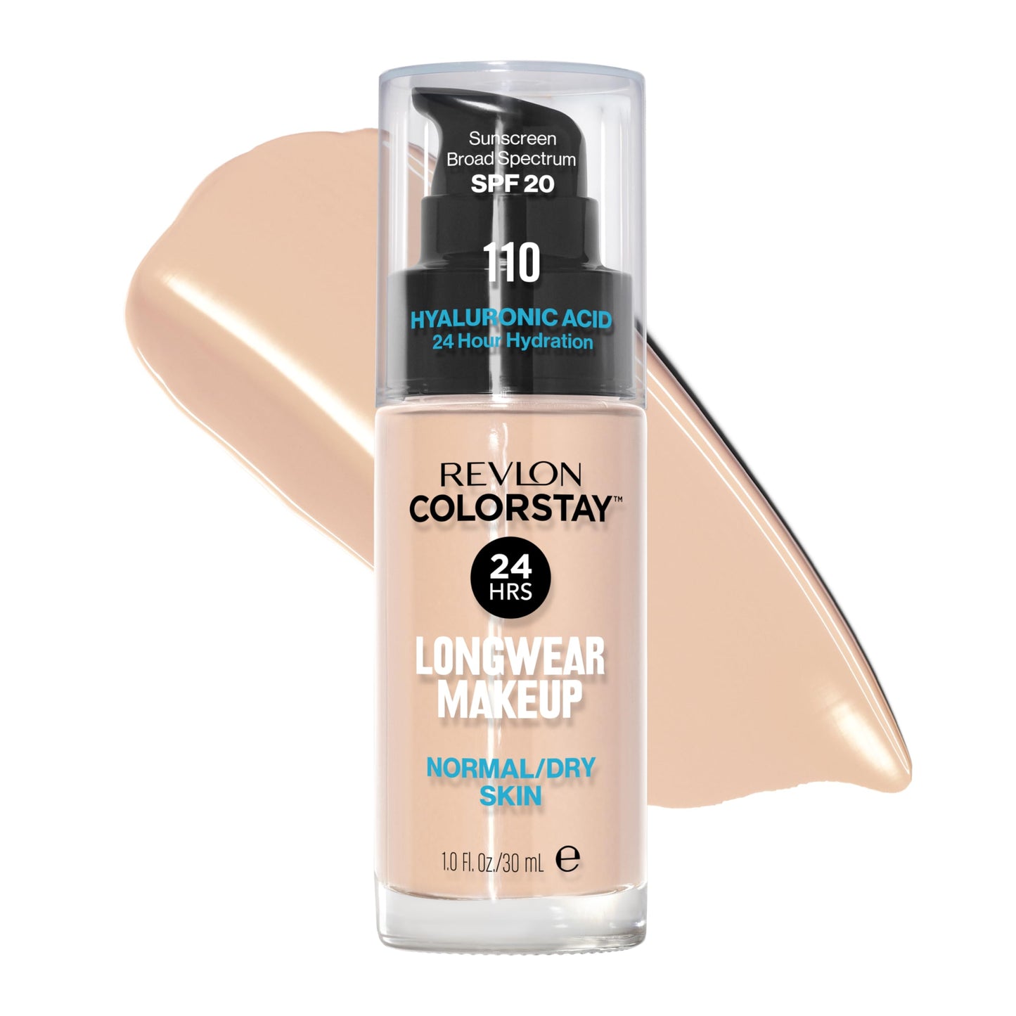 Revlon Liquid Foundation, ColorStay Face Makeup for Normal & Dry Skin, SPF 20, Longwear Medium-Full Coverage with Natural Finish, 110 Ivory, 1 fl oz