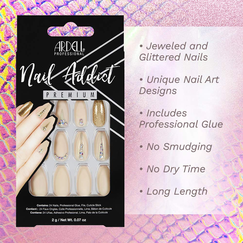 Ardell Nail Addict Premium Press On Nails Set - 24 False Nails Jeweled Coffin Shaped with Gold Accents, Artificial Acrylic Nail Kit with Glue for An Beauty & Personal Care Ardell