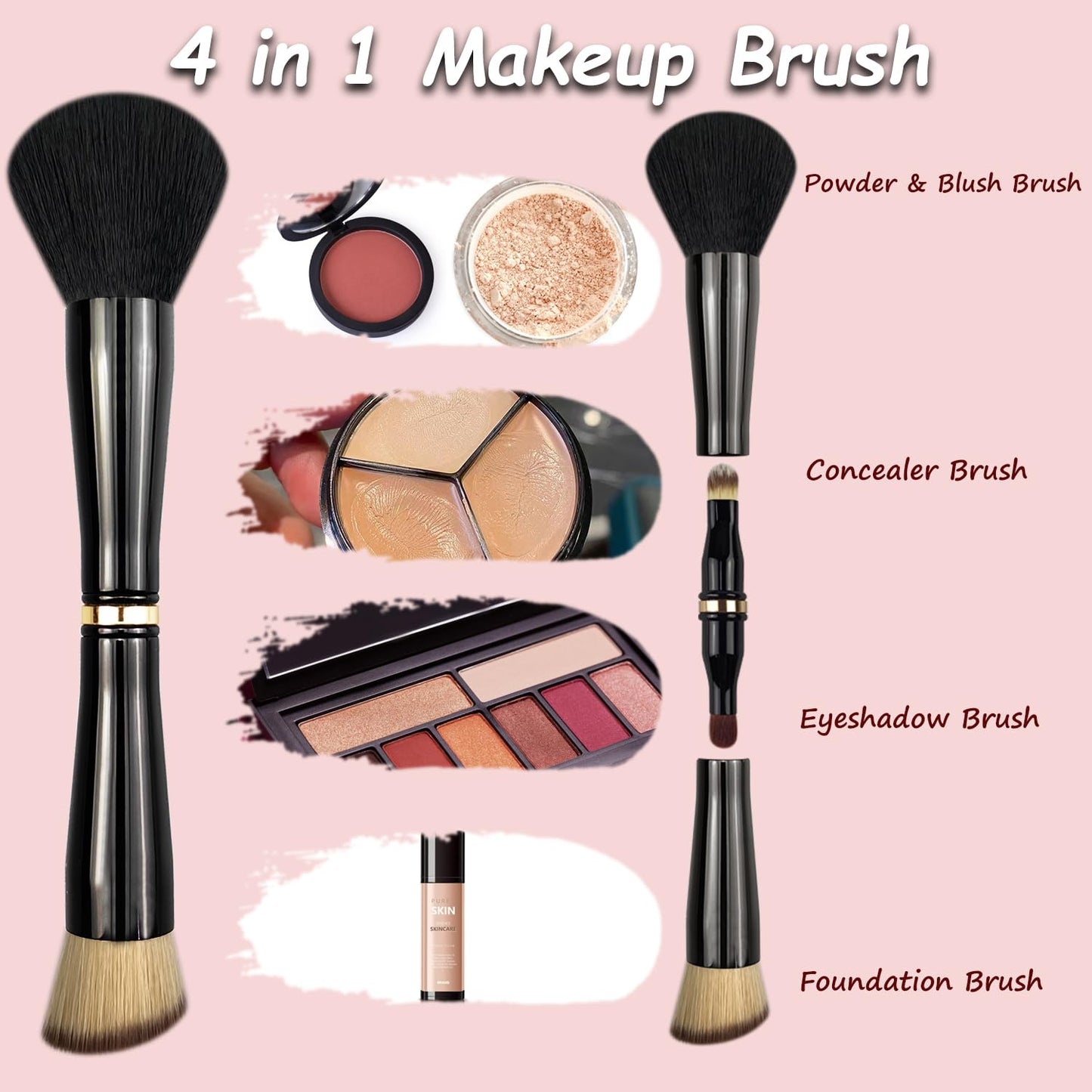 Voxora 4 in 1 Makeup Brush Set - All in One Powder/Blush, Foundation, Blending & Eyeshadow Brushes, Compact & Travel Essential