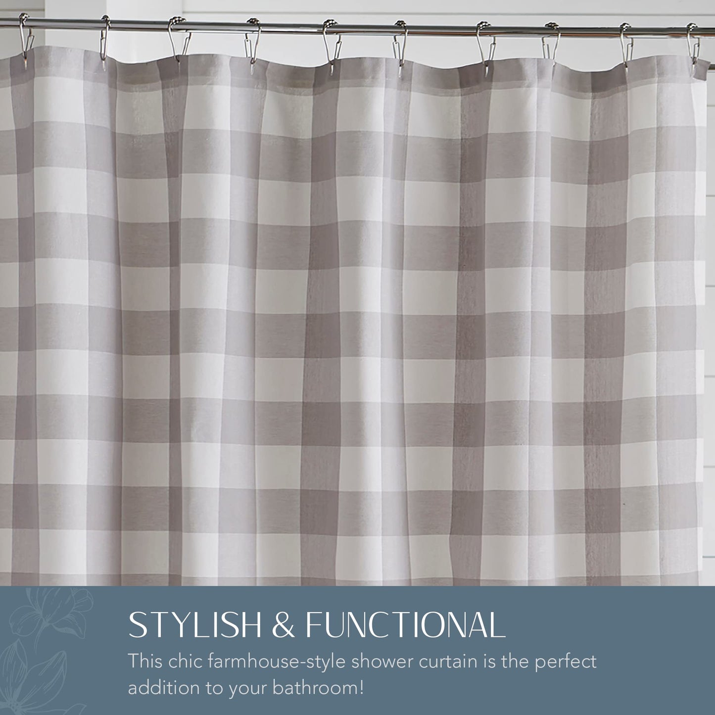 Elrene Home Fashions Farmhouse Living Buffalo-Check Shower Curtain, 72" x 72", Gray/White