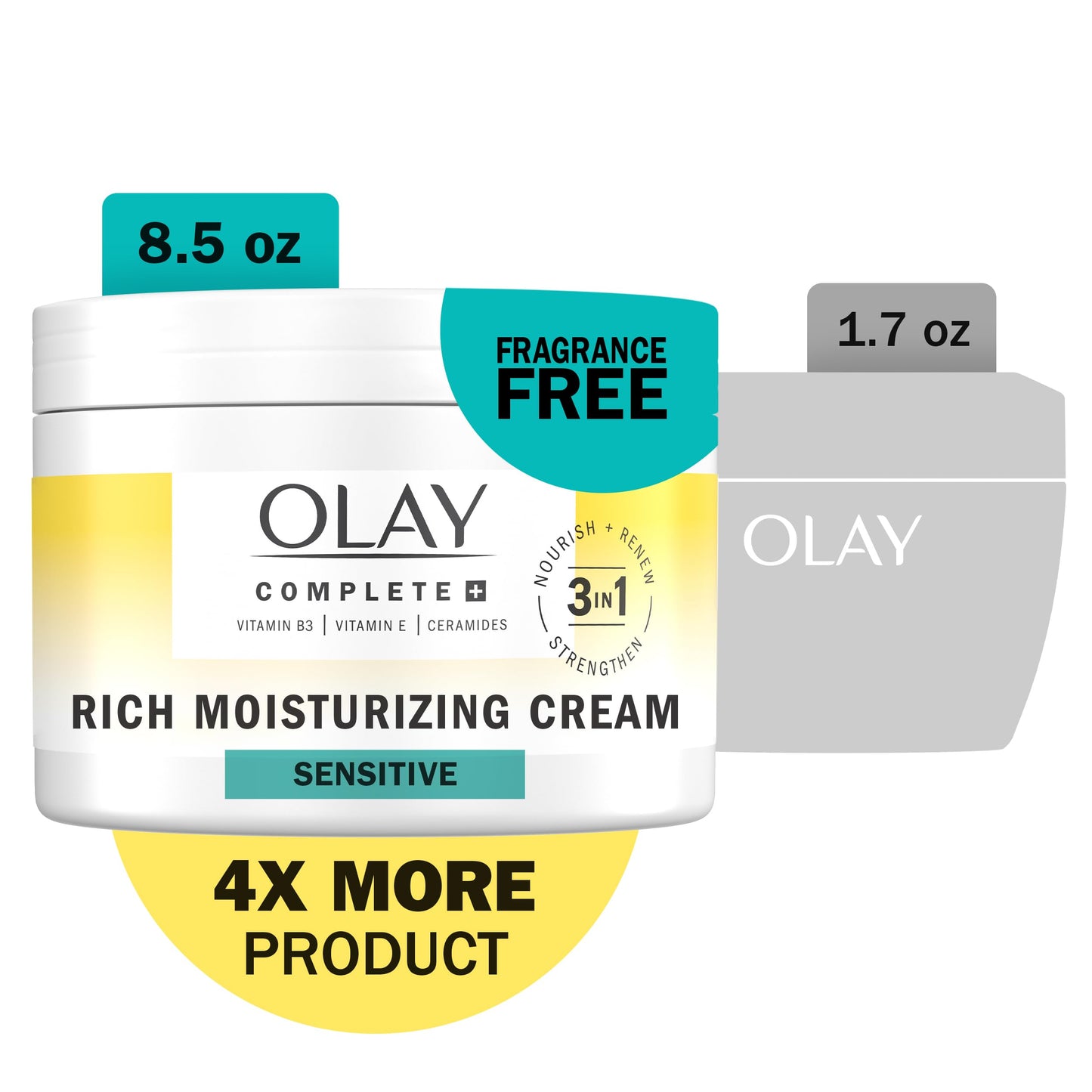 Olay Face Moisturizer, Complete+ Rich Moisturizing Cream - Fragrance-Free, Gentle for Dry & Sensitive Skin, 3-in-1 Hydrating to Strengthen, Nourish