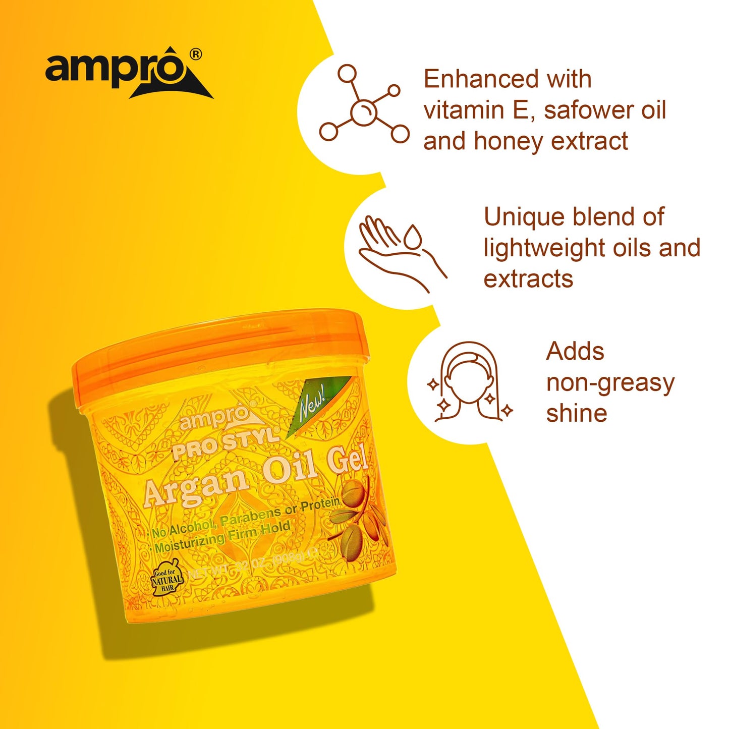 Ampro Pro Styl Argan Oil Styling Gel - Moisturizes and Conditions Your Strands - Non-Flaking, Alcohol Free, Vegan Formula - Creates Flexible