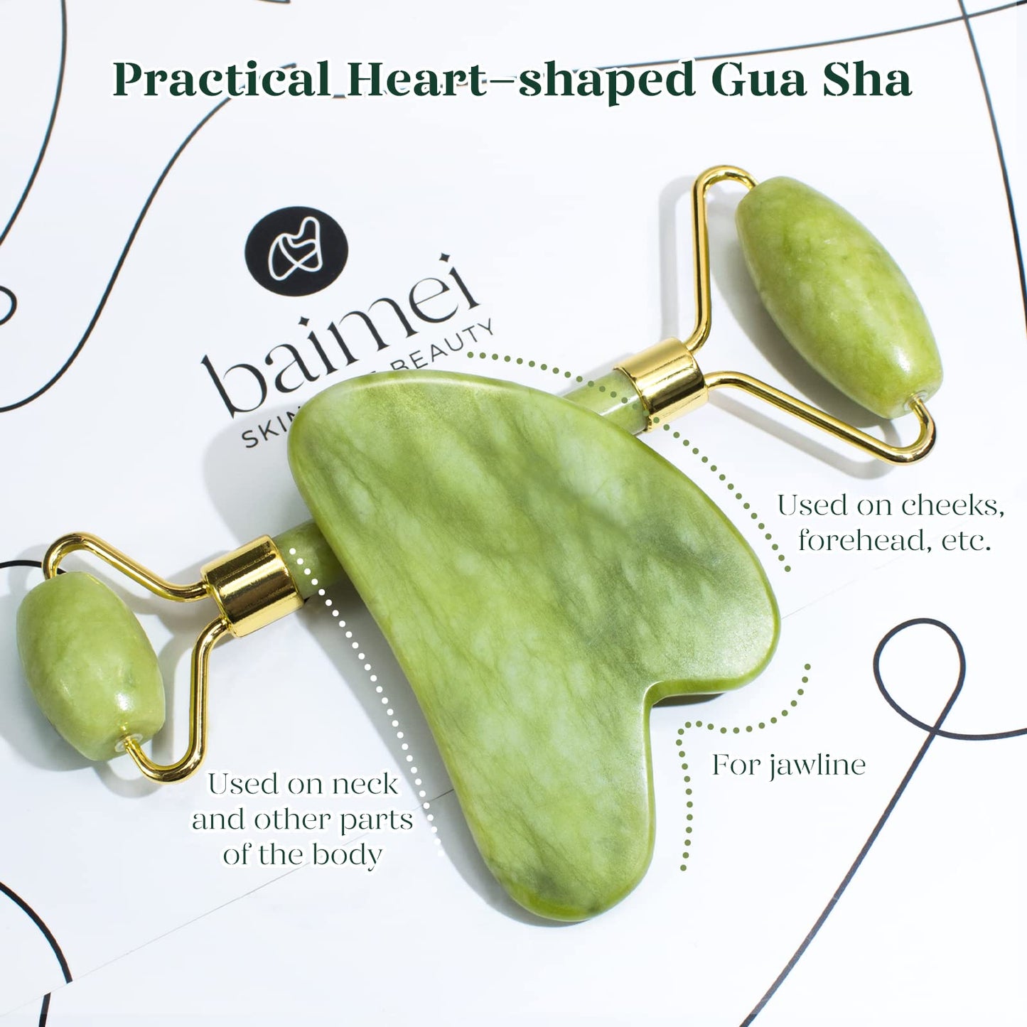 BAIMEI IcyMe Gua Sha & Jade Roller Facial Tools Face Roller and Gua Sha Set for Puffiness and Redness Reducing Skin Care Routine, Self Care Gift