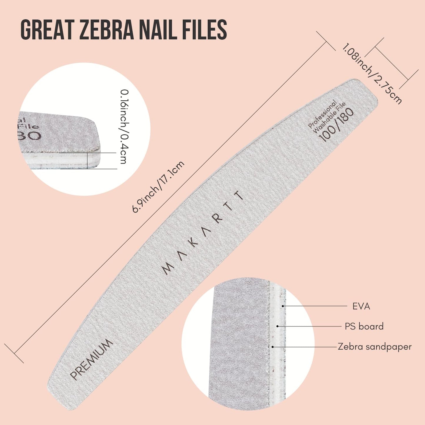Makartt Nail File: Professional Nail Files, 100/180 Grit Emery Boards for Nails, 10 Pcs Zebra Doubled Sides Coarse Fingernail Filer for Acrylic