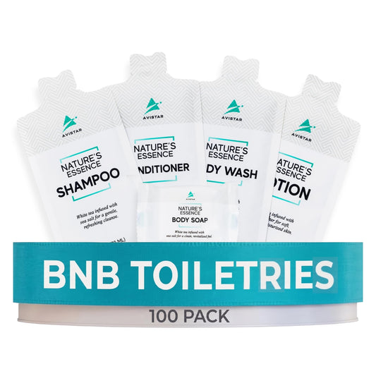 100 Hotel Soap & Bulk Toiletries Packets - Travel Essentials for BnB Hosts & Guests - Hotel Shampoo & Conditioner Supplies for Guests, Hotel