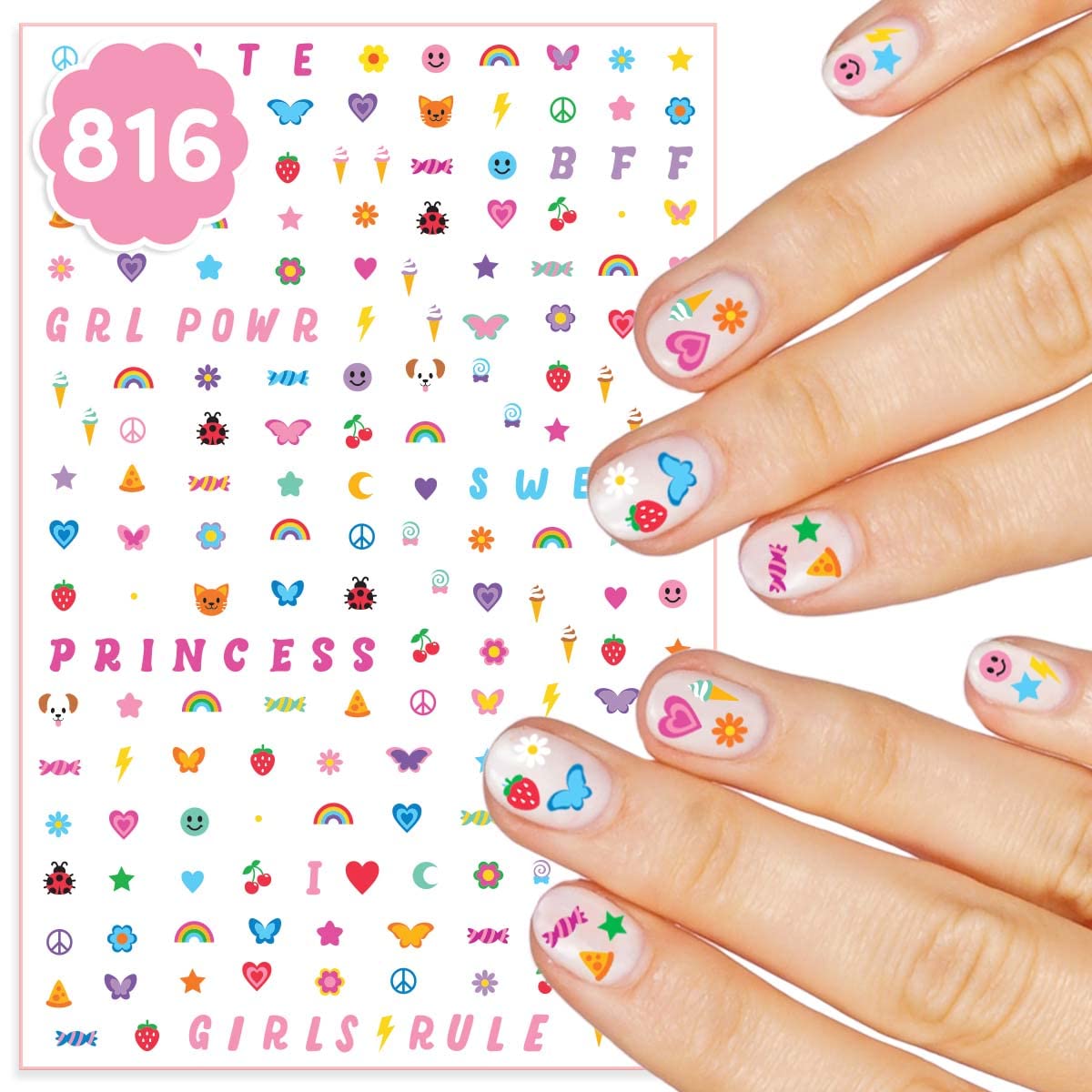 xo, Fetti Kids Nail Stickers - 816 Decals | Birthday Girl Party Favors, DIY Home Activity, Gift, Cute Nail Transfer, Groovy, Princess, Girl Power