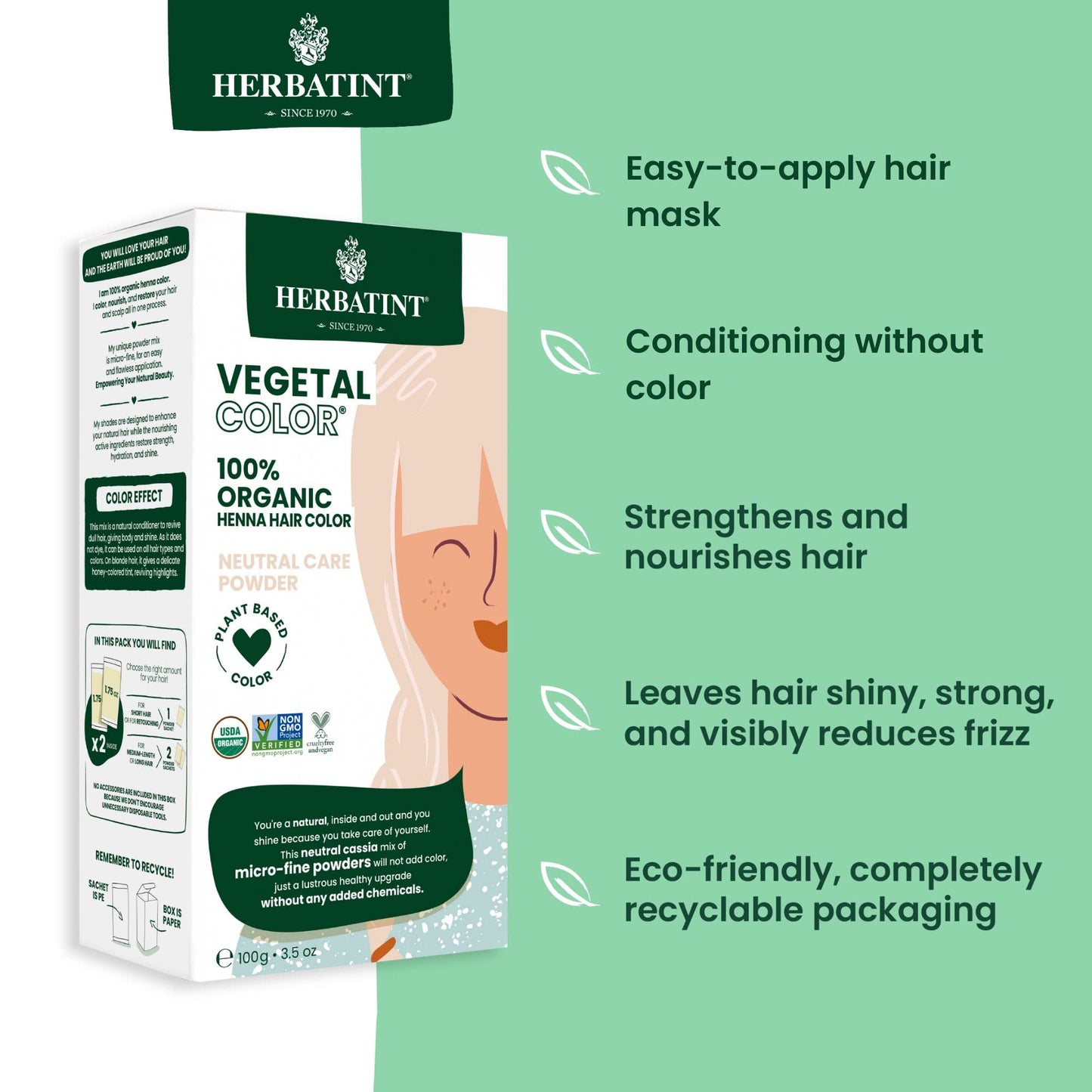 Herbatint Henna Color Organic Hair Care Treatment - Plant-Based Henna Powder & Herbal Formula - Vegan - Neutral Care - 3.5 oz
