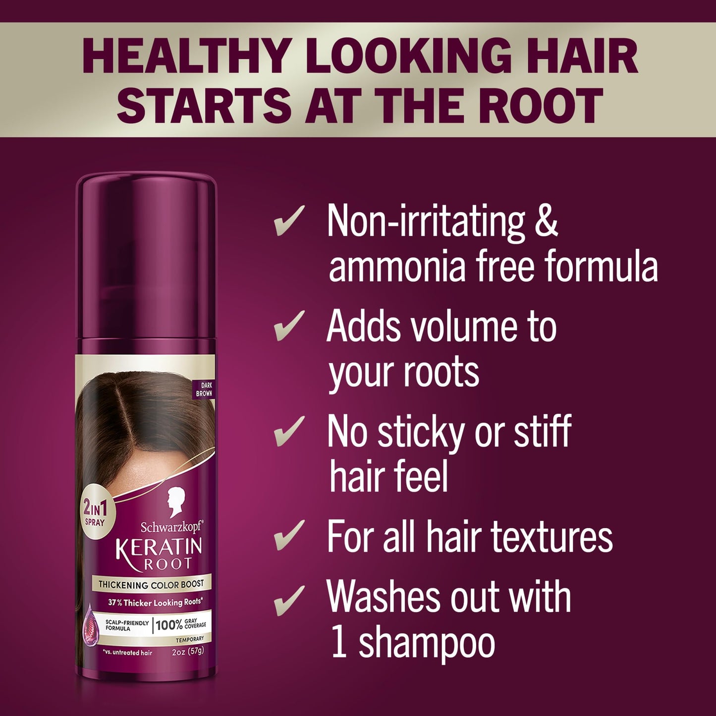 Schwarzkopf Keratin Root Temporary Hair Color Spray, Dark Brown, Instant Gray Coverage, Thicker, Fuller-Looking Roots, Easy-to-Use, No Ammonia, Low