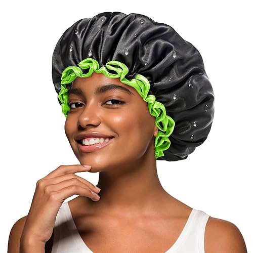 mikimini Black Shower Cap for Women, Men & Girls, 2 Packs Reusable Double Layers Waterproof Bathing Shower Hat with Soft Comfortable PEVA Lining