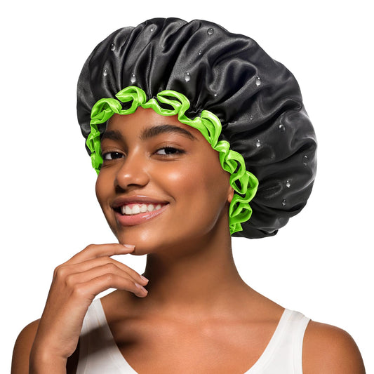 mikimini Black Shower Cap for Women, Men & Girls, 2 Packs Reusable Double Layers Waterproof Bathing Shower Hat with Soft Comfortable PEVA Lining
