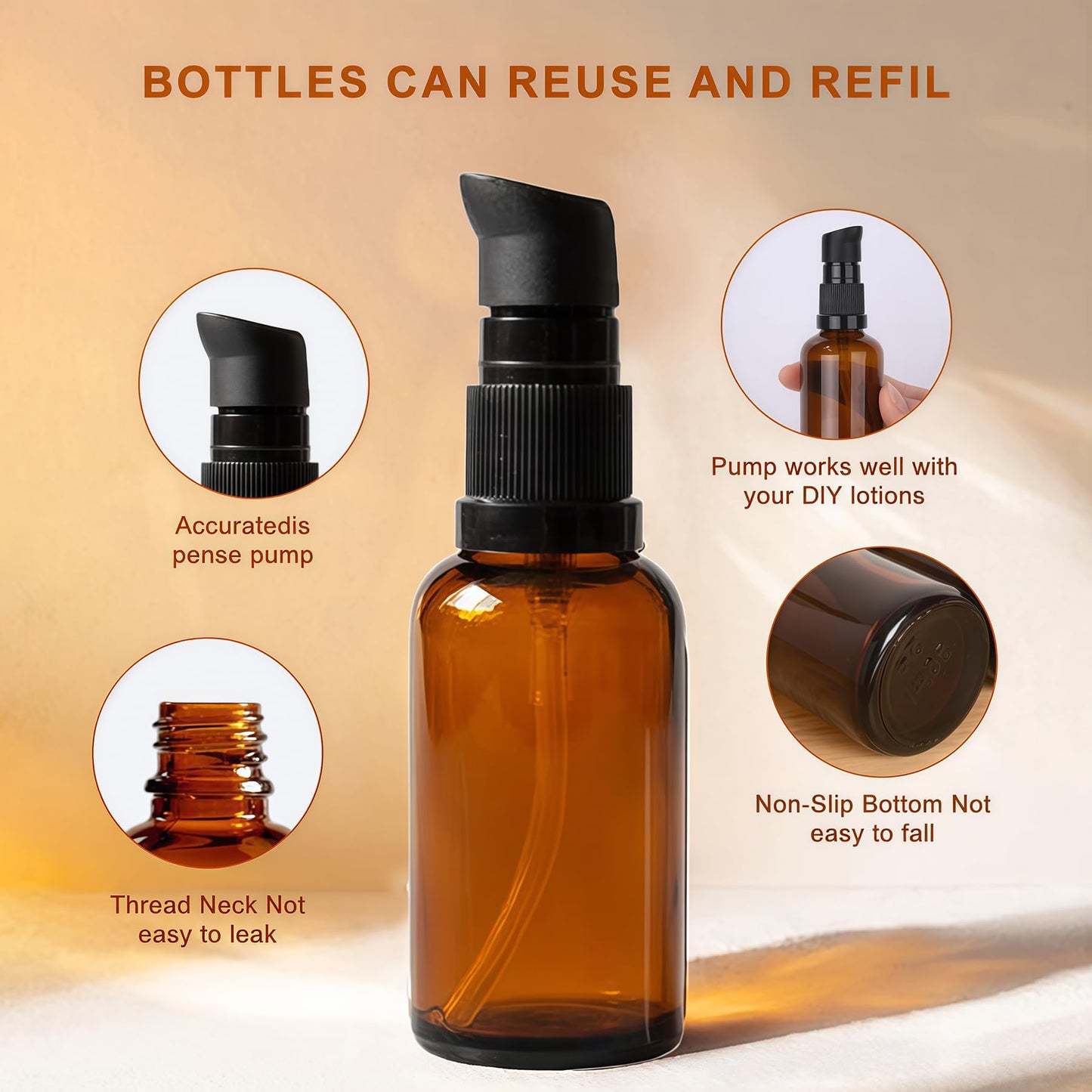 ericotry 3PCS 100ml / 3.34oz Empty Refillable Amber Glass Cosmetic Pump Press Lotion Bottles Makeup Sample Packing Cream Lotion Bath Shower
