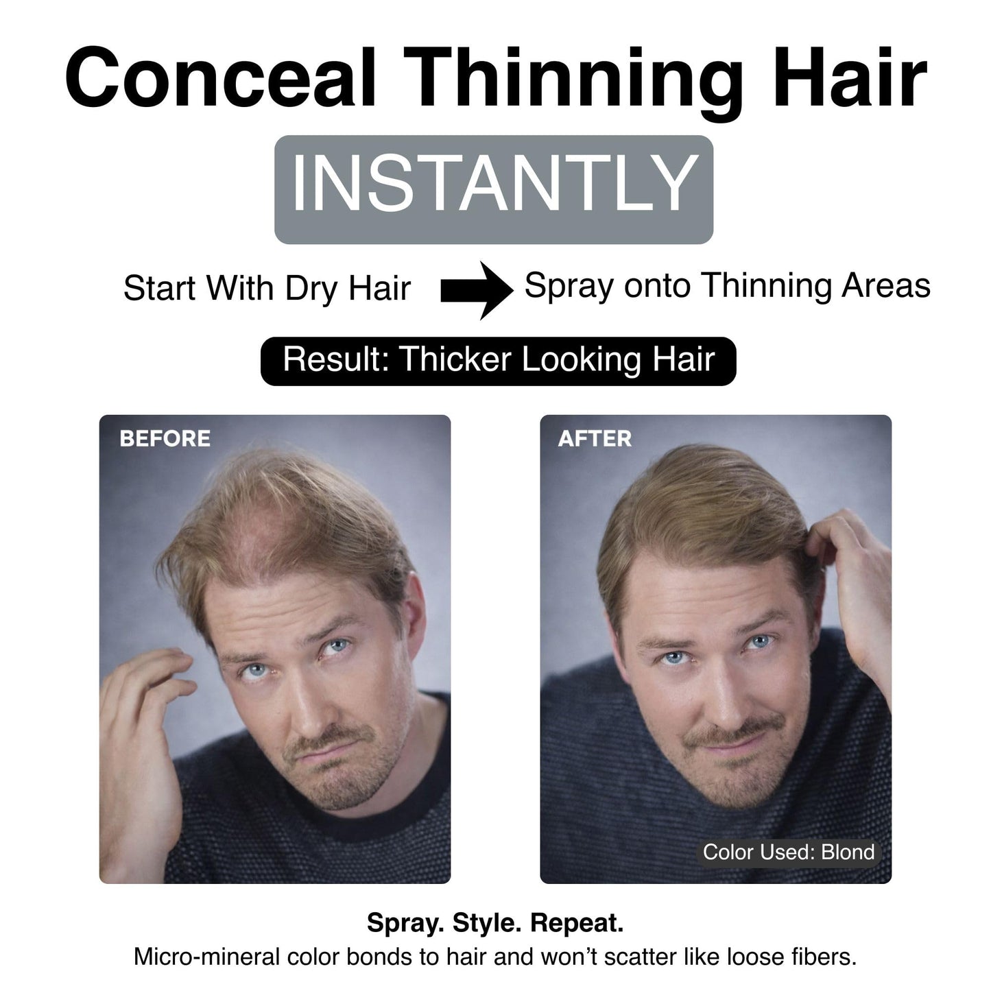 Mane Micro-Mineral Hair Thickening Spray & Root Touch Up Spray, Instant Volume & Root Cover Up for Thinning or Fine Hair, Buildable Coverage for Men
