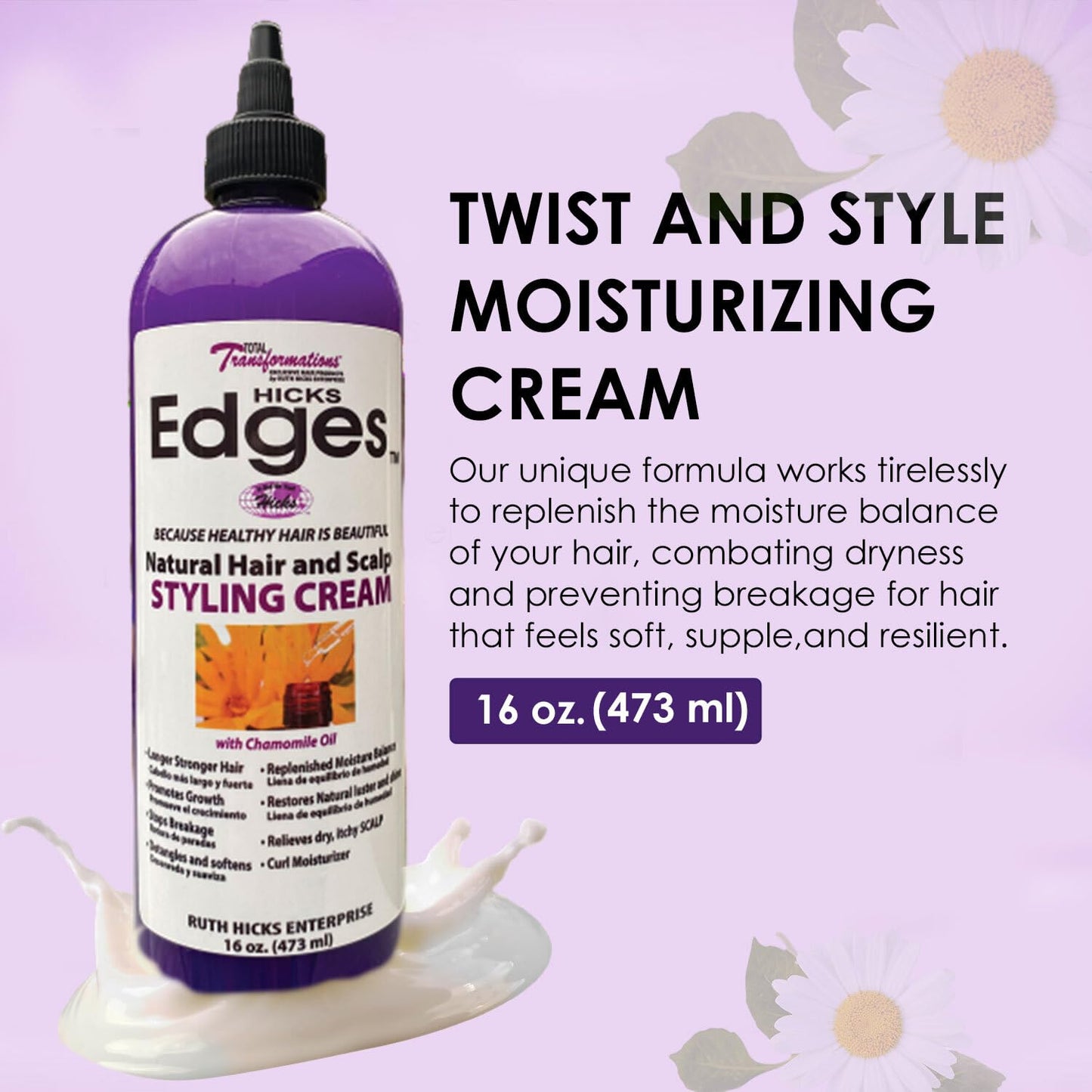 HICKS Edges Natural Hair and Scalp Styling Cream with Chamomile Oil - 16 oz, Purple w/white label, 1, 16.0 Ounce