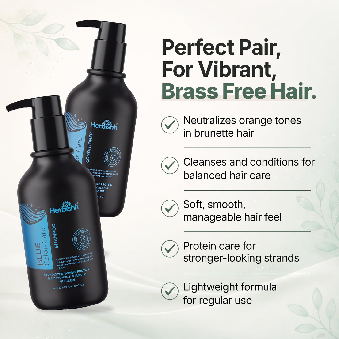 Herbishh Blue Shampoo & Conditioner Set (16.9 fl oz Each), Neutralizes Brassy & Orange Tones, Shampoo & Conditioner Duo for Brunette, Color Treated