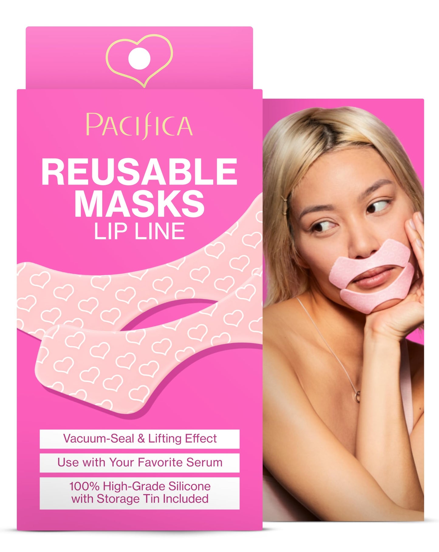 Pacifica Beauty Reusable Lip Line Mask, Skincare, Silicone Mask, For Fine Lines and Wrinkles, Lift and Firm, Pair with Serum, Storage Tin Included
