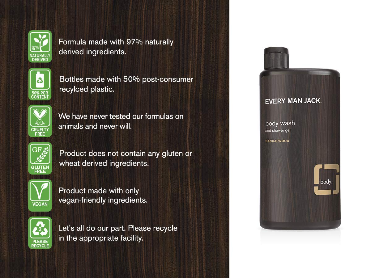 Every Man Jack Men's Body Wash Twin Pack - Sandalwood | 16.9-ounce - 2 Bottles Included | Naturally Derived, Parabens-free, Dye-free, and Certified