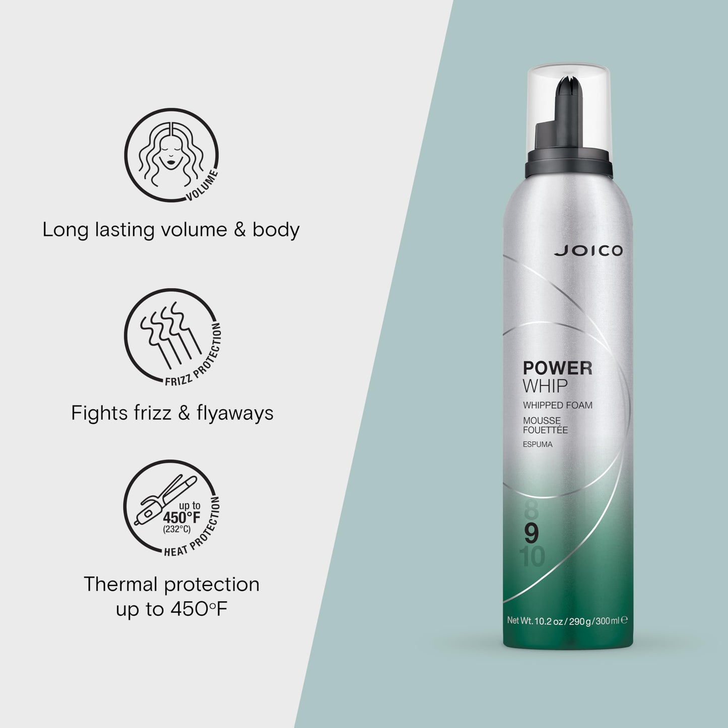 Joico Power Whip Whipped Foam | For Most Hair Types | Add Volume & Body | Thermal Heat, Humidity, & Pollution Protection | Boost Shine | Control Frizz