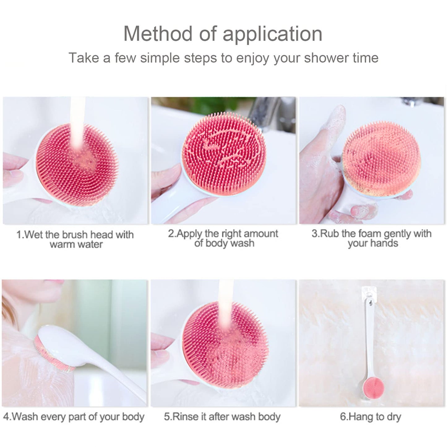 Silicone Back Scrubber for Shower, Back Washer Brush Long Handle with Soft Bristles, Bath Body Shower Exfoliator Brush for Men and Women, BPA Free