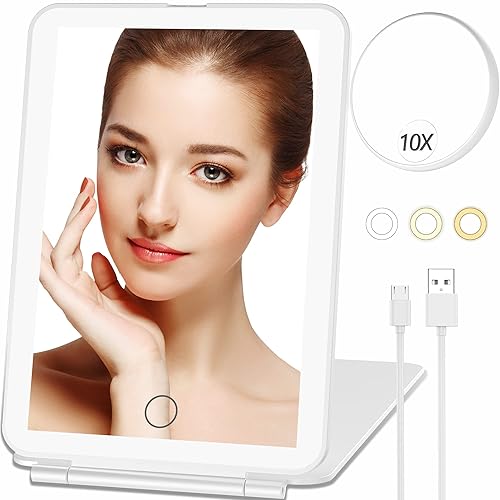 Mecion Makeup Vanity Mirror with 80 LED Lights, Rechargeable 2500mAh Batteries, Travel LED Compact Light Up Mirror with 3 Color Lights, Travel