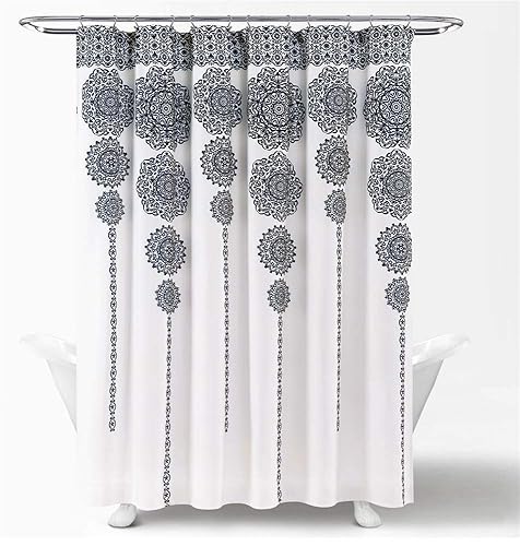 Lush Decor Stripe Medallion Shower Curtain-Fabric Mandala Bohemian Damask Print Design, 72" x 72", Navy