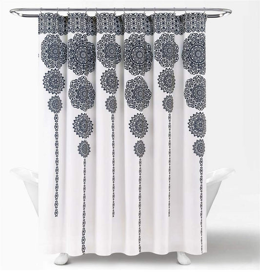 Lush Decor Stripe Medallion Shower Curtain-Fabric Mandala Bohemian Damask Print Design, 72" x 72", Navy