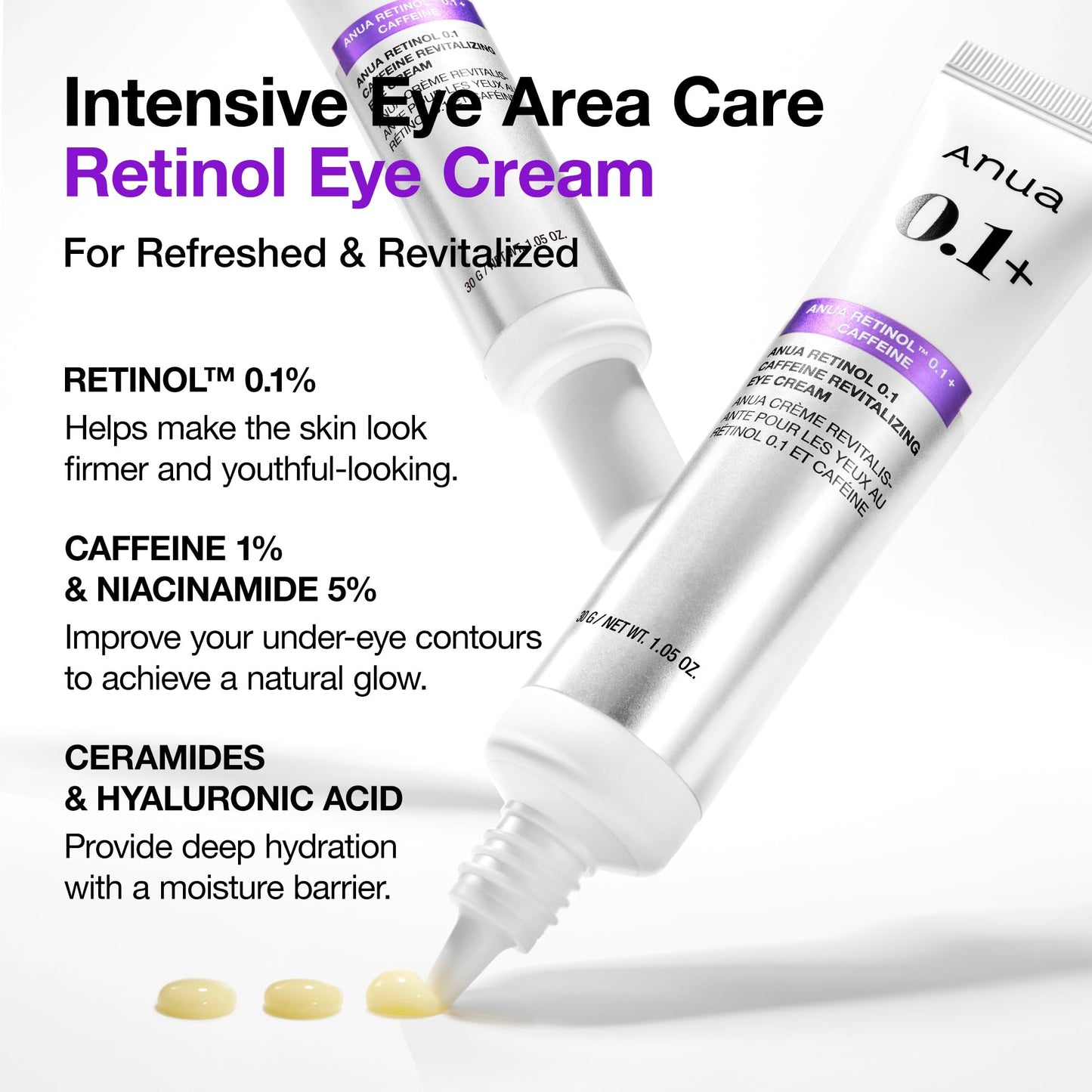 Anua Retinol 0.1 Caffeine Revitalizing Eye Cream, Lightweight Formula for Dark Circles & Puffiness, Hydrating for Sensitive Skin, Korean Skincare,1.05 Beauty and Personal Care ANUA