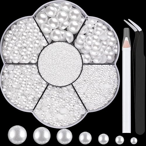 Nail Art Flat Back Half Round Pearl Kits 3, Mixed Sizes 6000 Pcs White Small Pearls for Nails with Picking Tools for Graduation Cap Decorations Home