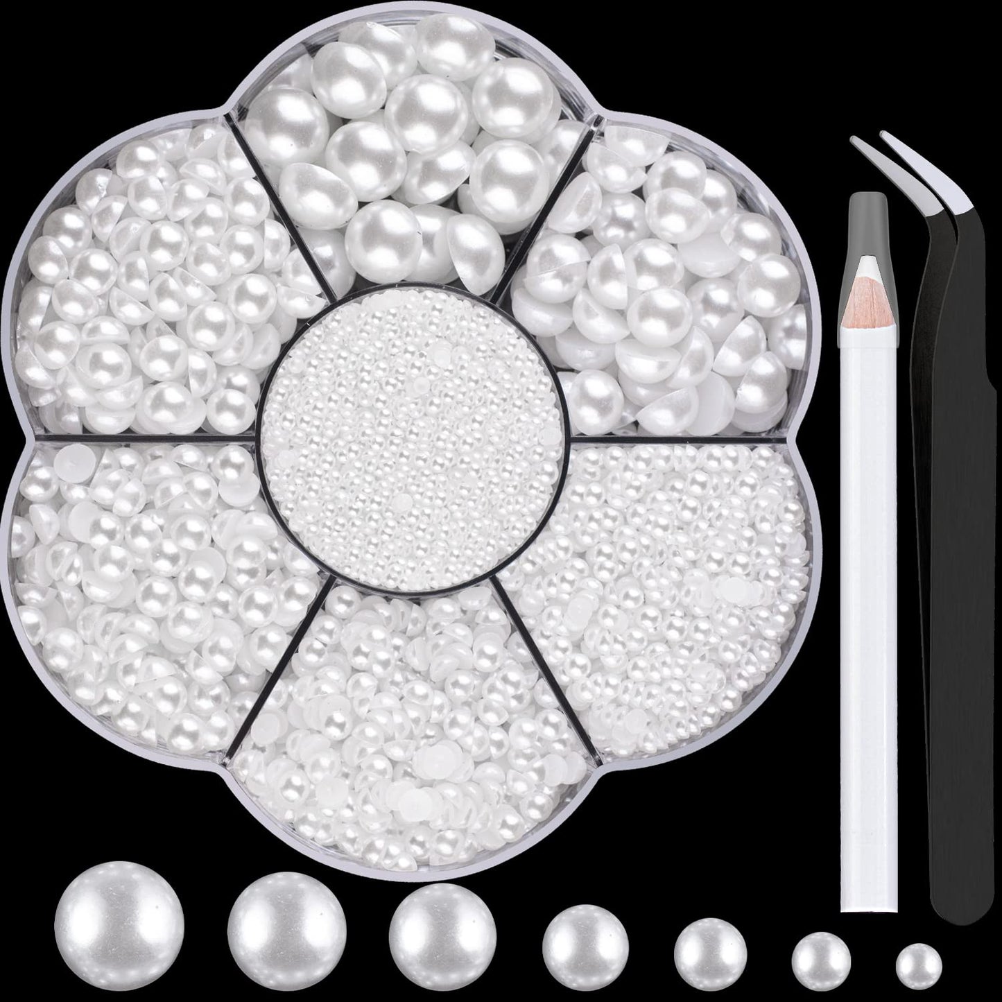 Nail Art Flat Back Half Round Pearl Kits 3, Mixed Sizes 6000 Pcs White Small Pearls for Nails with Picking Tools for Graduation Cap Decorations Home