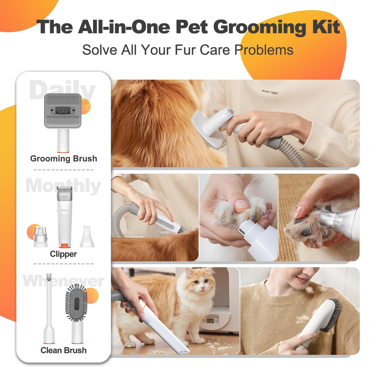 Afloia 6-in-1 Dog Grooming Kit & Vacuum – Clipper, Nail Trimmer, Grinder, Brush, Low Noise Pet Hair Remover for Dogs & Cats, 1.5L Dust Cup, White