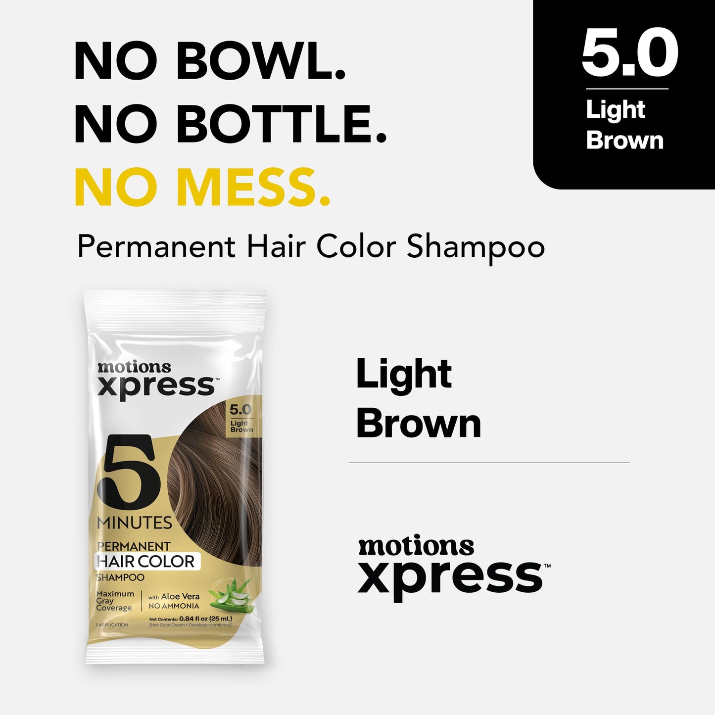Motions Xpress Permanent Hair Color Shampoo Light Brown - 5 Minute Color, Gray Coverage, Ammonia Free, Deep Shine Hair Dye Shampoo, 0.84 Oz