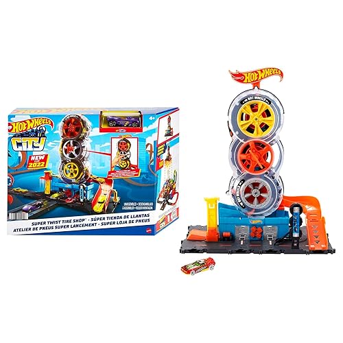 Hot Wheels City Super Twist Tire Shop Playset, Spin The Key to Make Cars Travel Through The Tires, Includes 1 Car, Gift for Kids 4 to 8 Years Old…