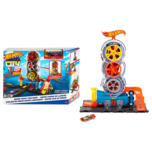 Hot Wheels City Super Twist Tire Shop Playset, Spin The Key to Make Cars Travel Through The Tires, Includes 1 Car, Gift for Kids 4 to 8 Years Old…