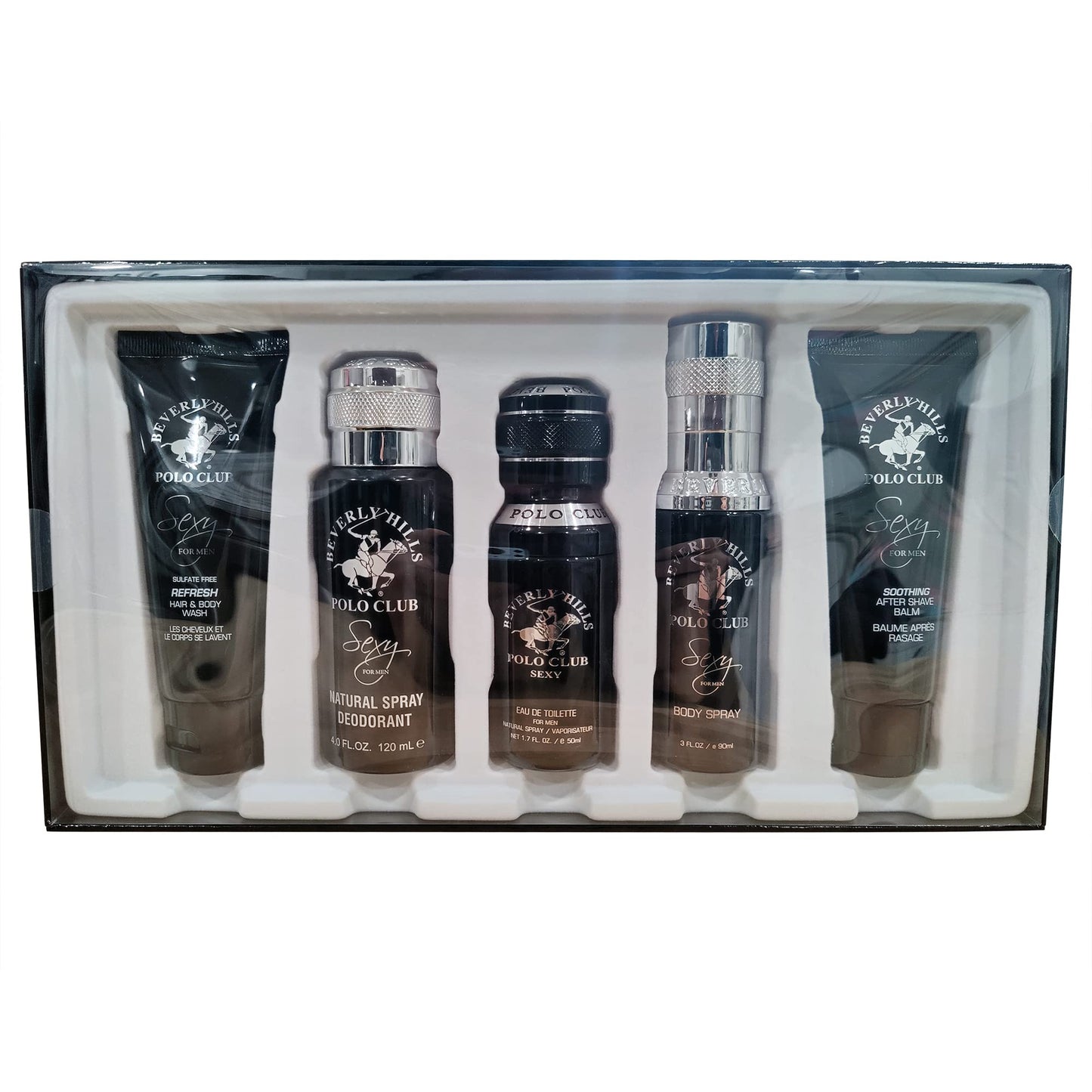 Beverly Hills Polo Club BHPC Sexy Men's 5-Piece Grooming Gift Set - Refreshing Lemon Scent Cologne, Body Spray, After Shave, Hair & Body Wash