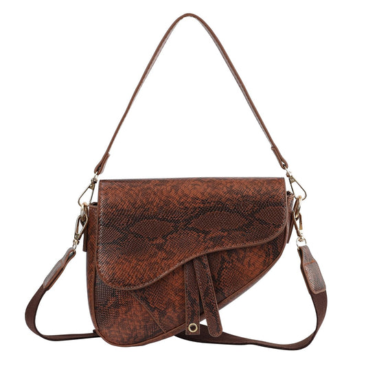 HDE Women's Saddle Shoulder Bag PU Leather Crossbody Purse Crocodile Handbag - Brown Snakeskin