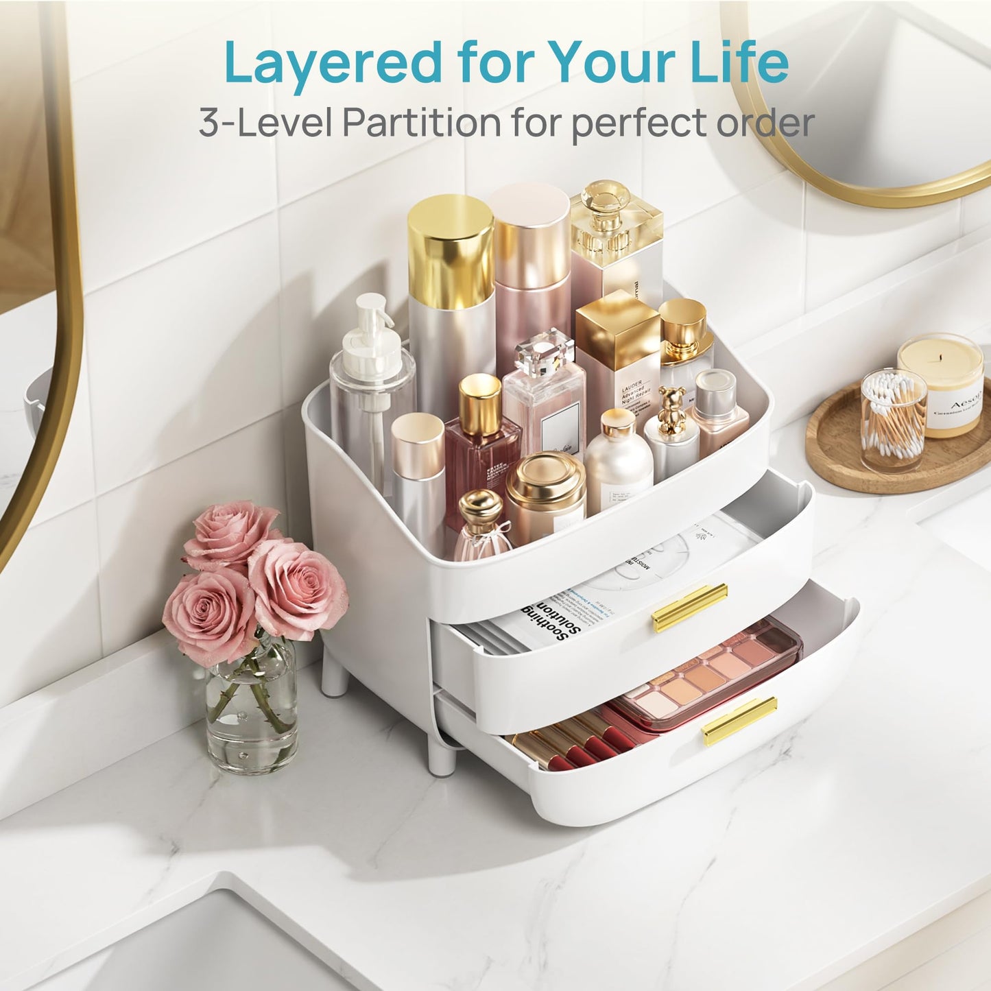Vtopmart 3-Tier Skincare Makeup Organizer with Drawers, White Beauty and Personal Care Vtopmart