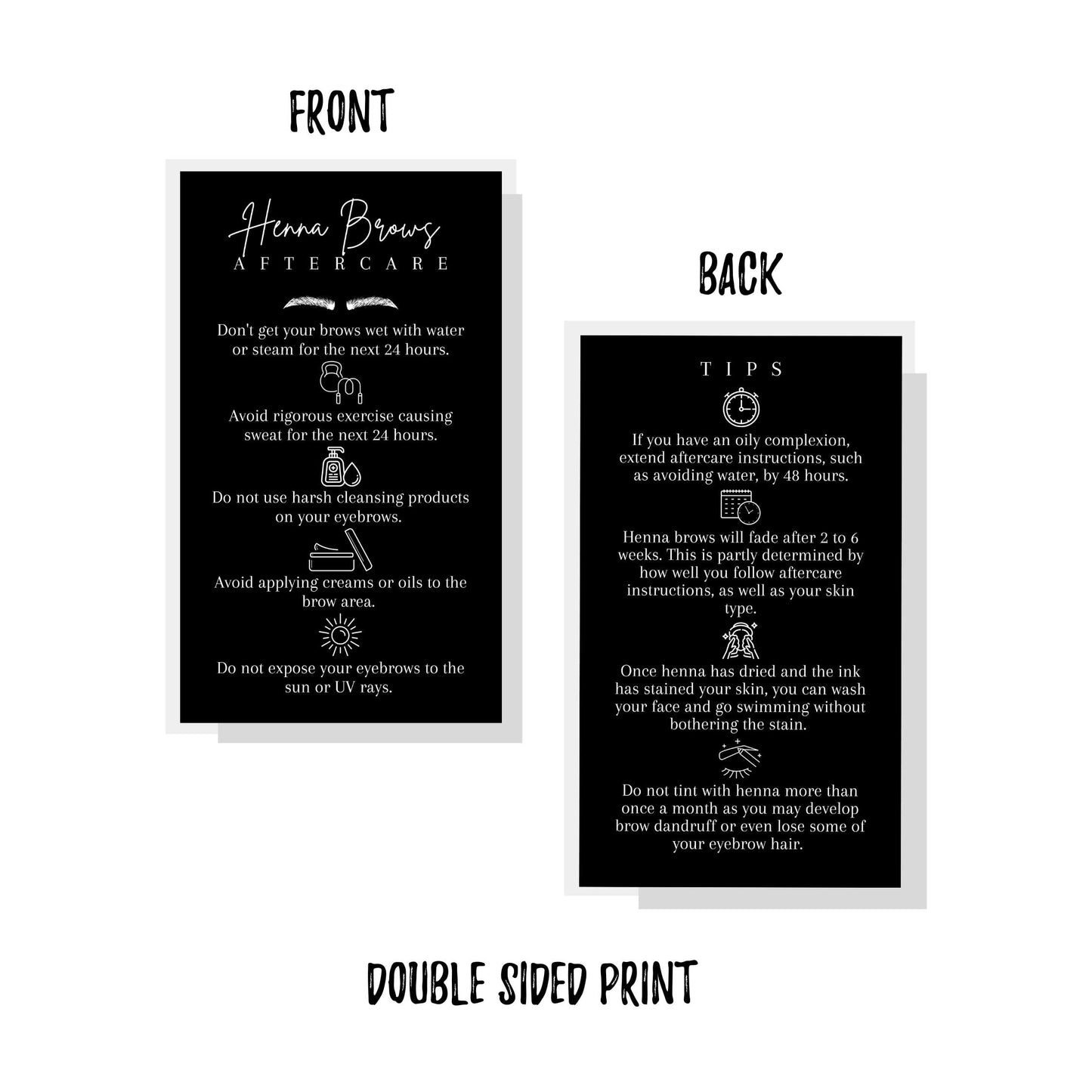 Brow Henna Aftercare & Tips Cards | Physical Printed 2 x 3.5” inches Business Card Size | Brow Artist Supplies | Henna Brow Care | Black and White