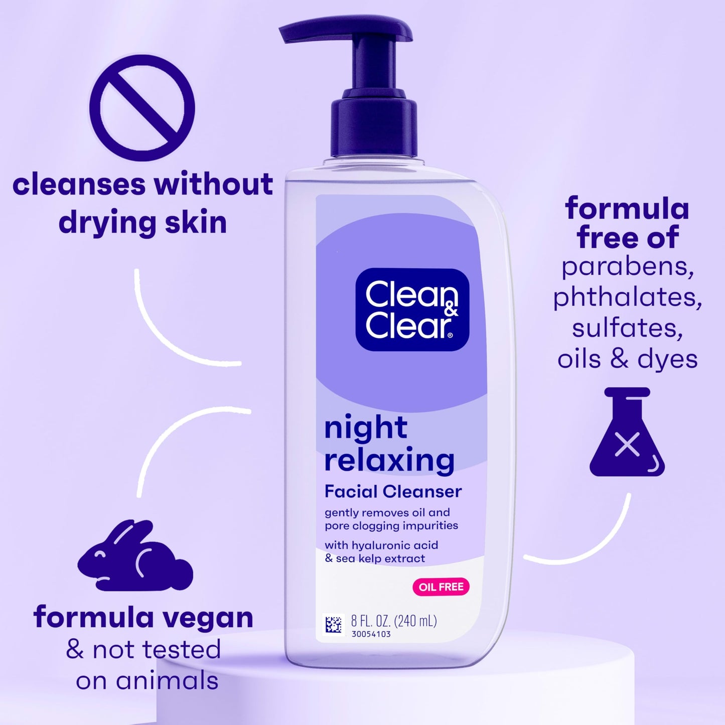 Clean & Clear Night Relaxing Deep Cleaning Oil-Free Night Face Wash, Foaming Facial Cleanser with Hyaluronic Acid & Sea Kelp Extract Gently Removes