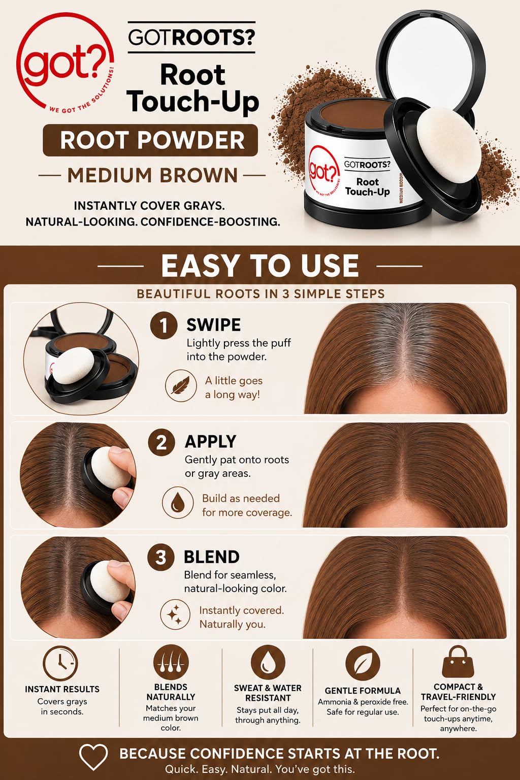 got? WE GOT THE SOLUTIONS! Pigment Infused Binding Root Touch Up Hair Color, Brow Filler & Hairline Powder for Medium Brown - Temporary Thinning