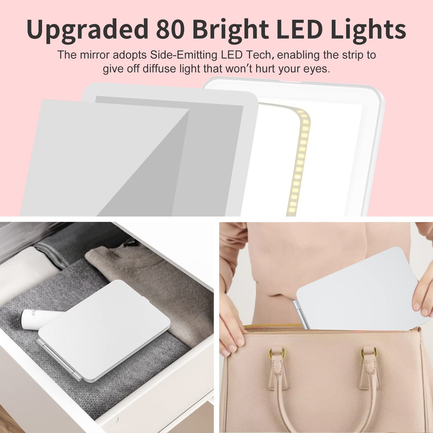 Mecion Makeup Vanity Mirror with 80 LED Lights, Rechargeable 2500mAh Batteries, Travel LED Compact Light Up Mirror with 3 Color Lights, Travel