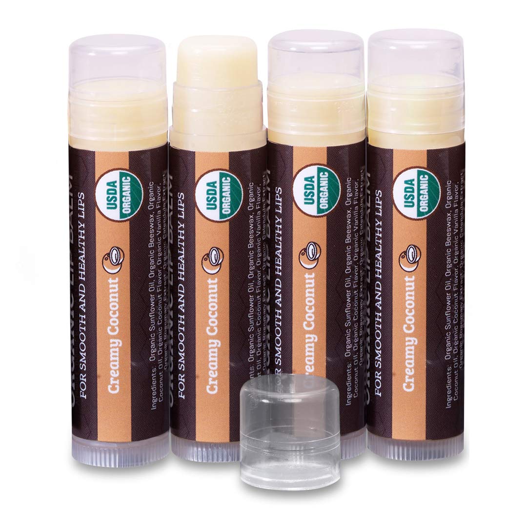 Earth's Daughter USDA Organic Lip Balm Stocking Stuffers 4-Pack Creamy Coconut Flavor - Beeswax, Coconut Oil, Vitamin E - Best Lip Repair Chapstick