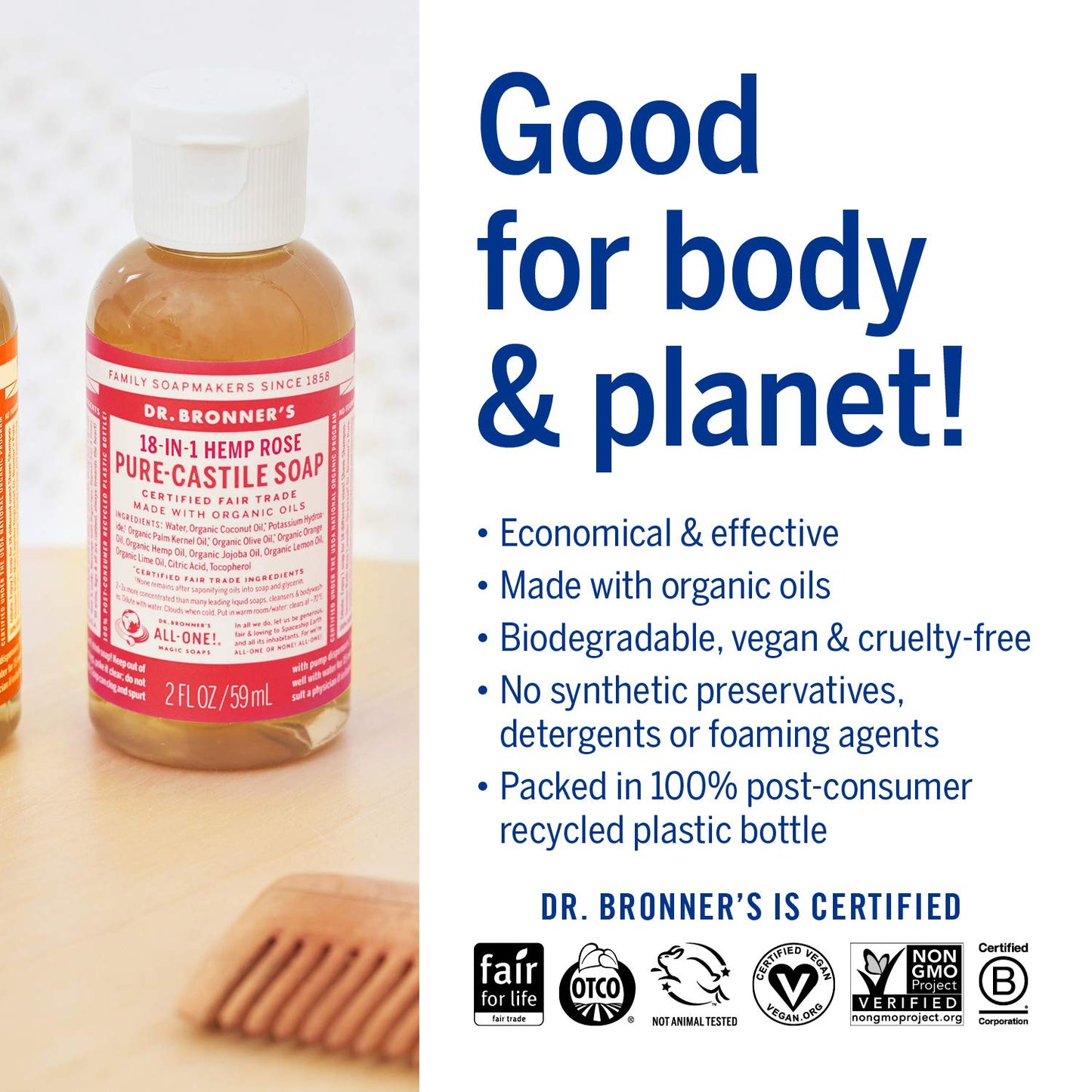 Dr. Bronner's - Pure-Castile Liquid Soap (Rose, 2 ounce) - Made with Organic Oils, 18-in-1 Uses: Face, Body, Hair, Laundry, Pets and Dishes