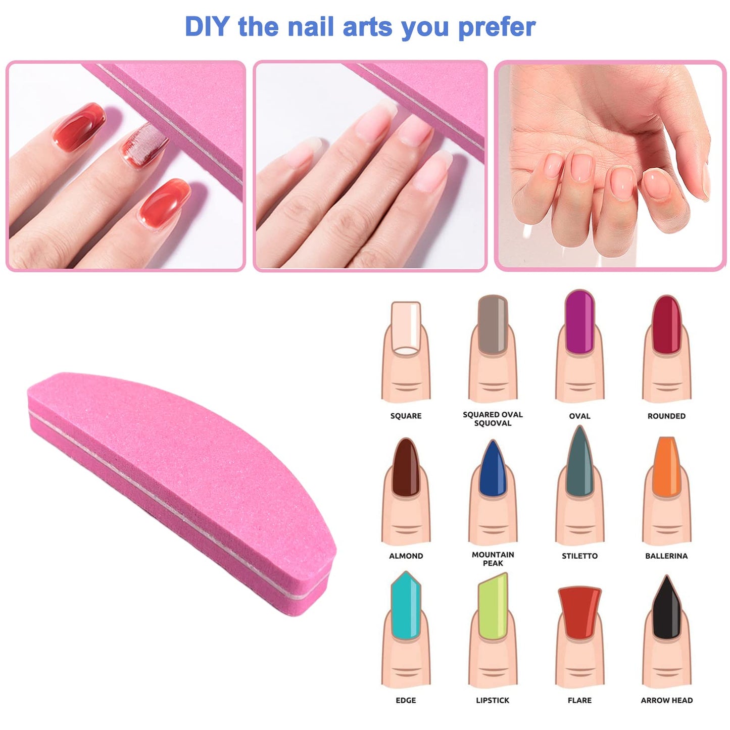 20 PCs Nail Buffers, Double Sided Nail Files Buffer Blocks 100/180 Grit Portable Washable Sanding Buffing File Arc Shape (Pink)