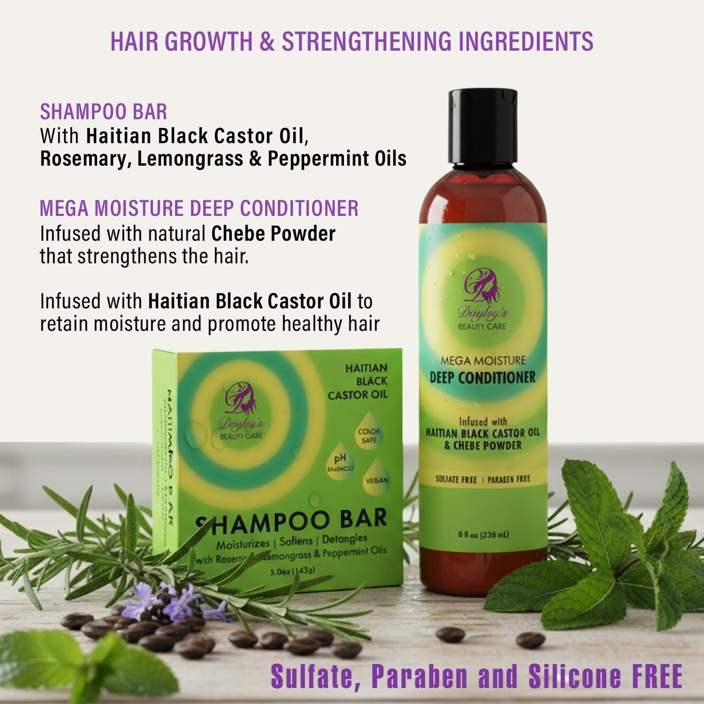 Doyley’s Haitian Black Castor Oil Shampoo Bar 5oz & Mega Moisture Deep Conditioner 8oz Bundle - Rosemary Oil & Chebe Powder - Softens, Detangles