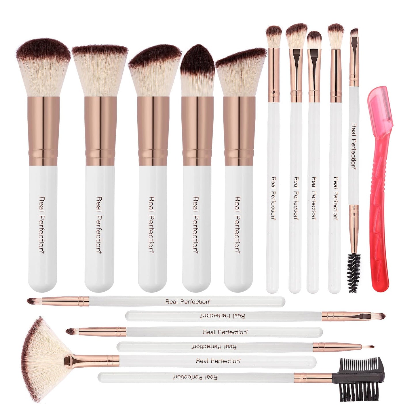 Real Perfection Makeup Brush Set 16 Pcs with 1 Eyebrow Razor Premium Synthetic Foundation Powder Concealers Eyeshadow Blush Makeup Brushes Make up Beauty and Personal Care Real Perfection Default Title