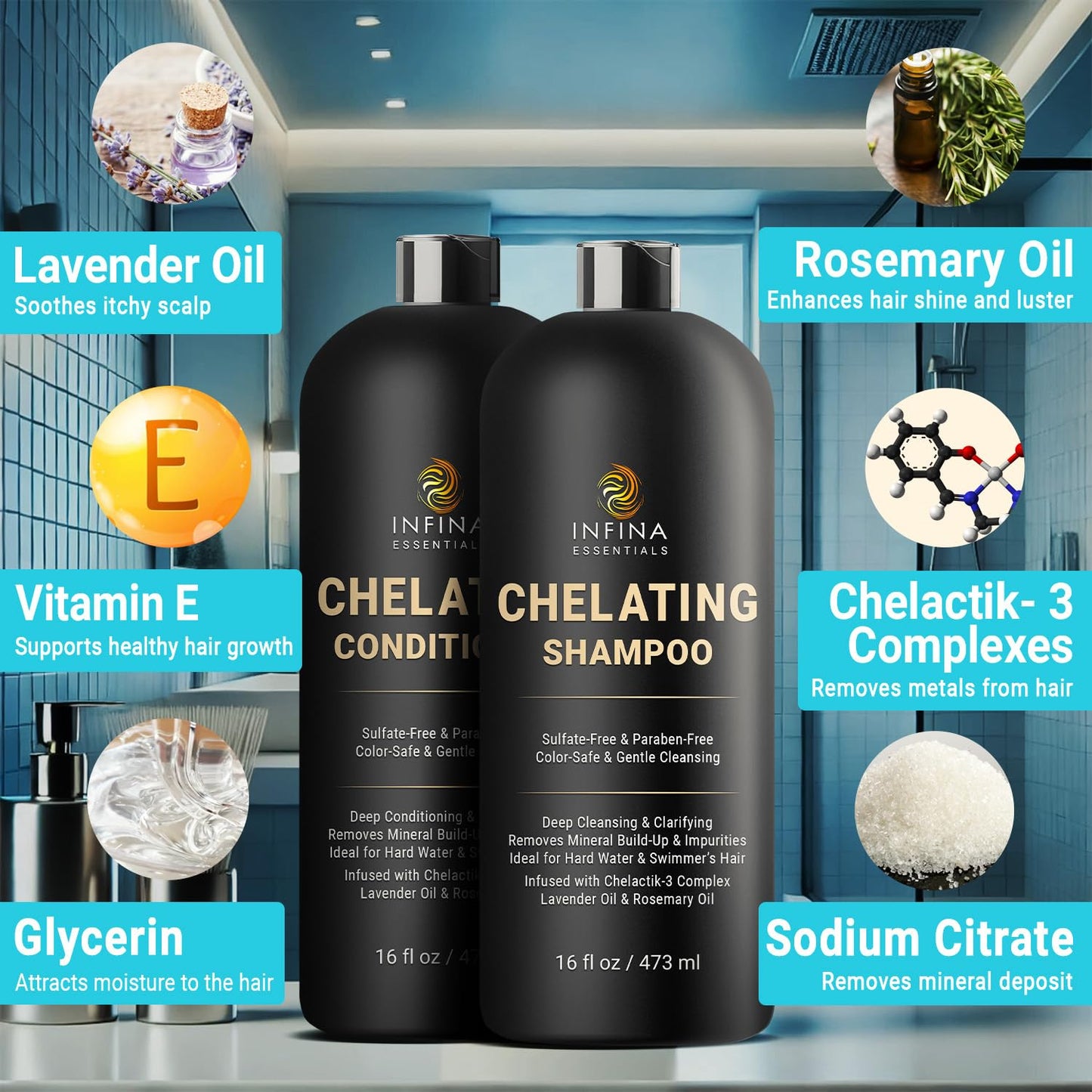 INFINA ESSENTIALS Chelating Clarifying Shampoo and Conditioner for Hard Water & Chlorine Removal | 16 fl oz | Sulfate Free Metal Detox Shampoo