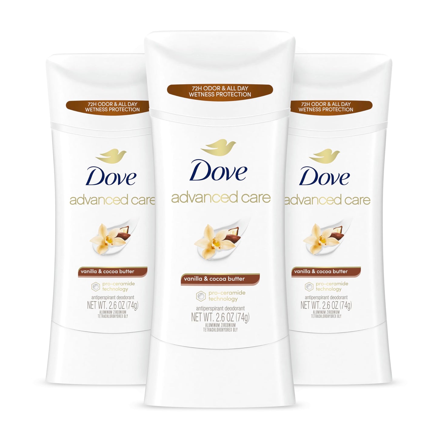 Dove Advanced Care Antiperspirant Deodorant Stick Vanilla & Cocoa Butter 3 Count Antiperspirant deodorant with Pro-Ceramide Technology 72-hour odor Beauty and Personal Care Dove