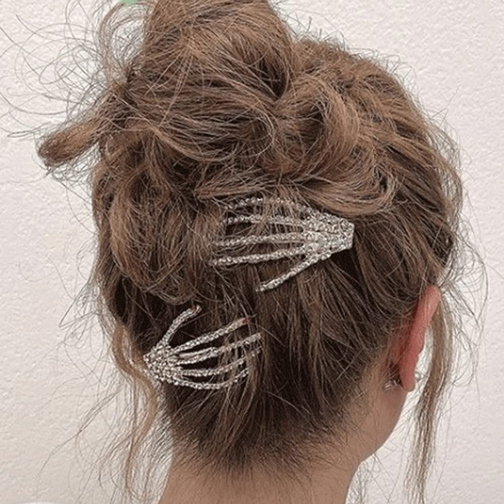 wekicici Skeleton Hand Rhinestone Hair Clip Punk Horror Skull Hairpin for Women and Girls Fashion Gothic Barrette Hair Accessories(2 pcs ), Silver