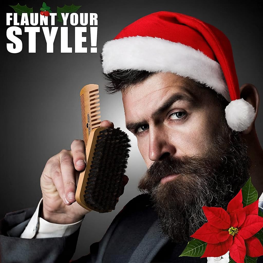 Beard Brush For Men & Beard Comb Set w/Mustache Scissors Grooming Kit, Natural Boar Bristle Brush, Dual Action Wood Comb, And Travel Bag Great
