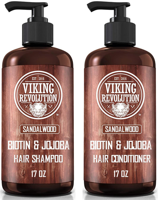 Viking Revolution Sandalwood Shampoo and Conditioner Set with Biotin and Jojoba Oil - Natural Hair Shampoo and Hair Conditioner for Men with Vitamin